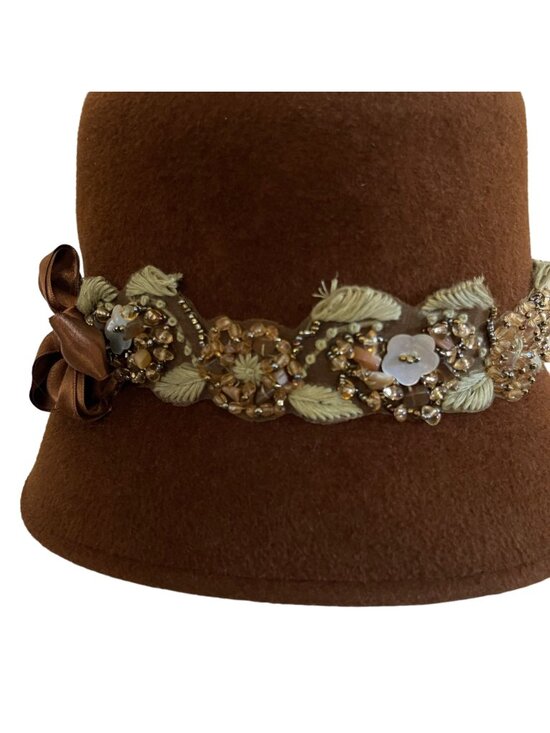 Louise Green Brown Felt Hat With Beaded Floral Trim & Bow Accent
